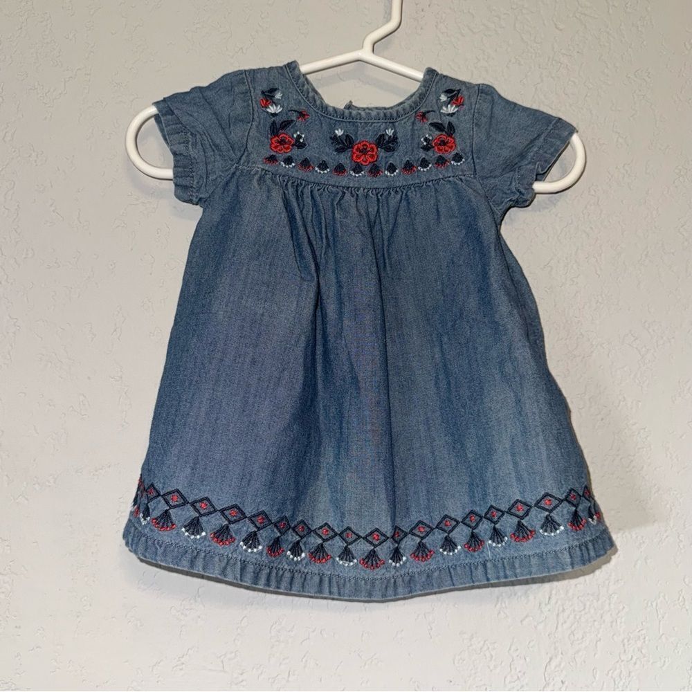 Kid's Carter's Blue Denim Dress with Red Embroidery - Picture 2 of 7